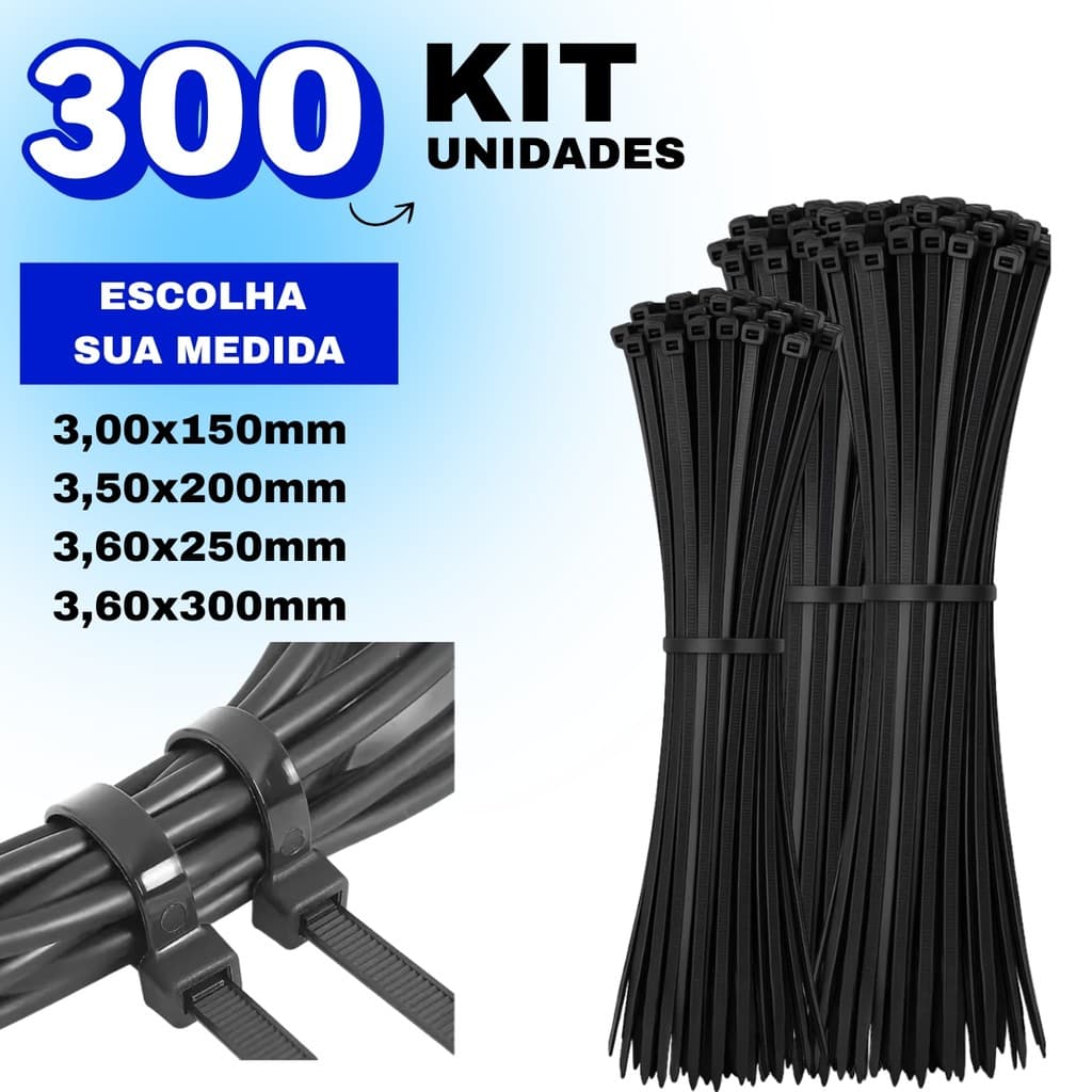 Kit 300 Enforca Gato Cinta Plástica Nylon Abraçadeira Preto  - Várias Medidas