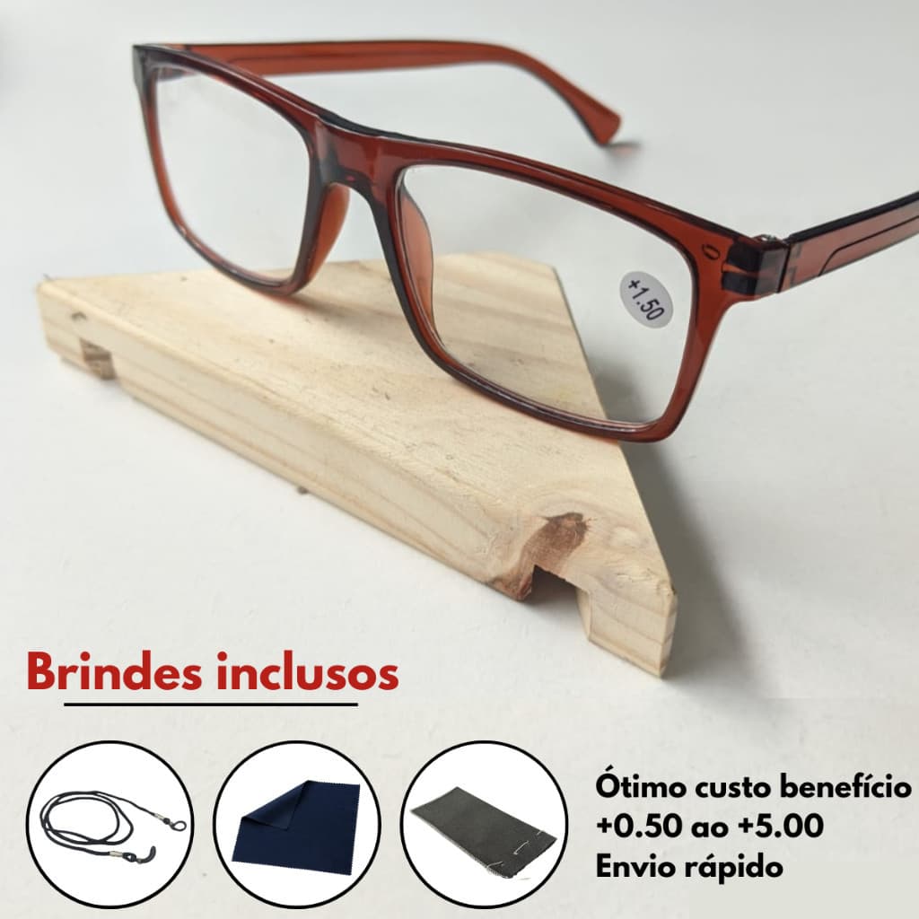 Óculos De Grau Para Leitura / Descanso / Trabalho Unissex + Cordão Capinha e Flanela - Graus 0.50 até 5.00 - Marrom