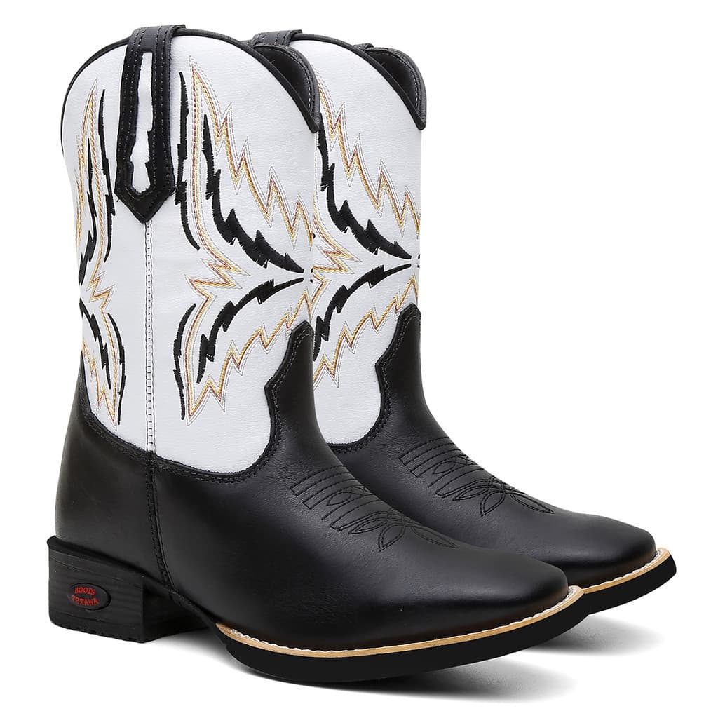 Botina Bota Butina Country Preta e Branca Masculina Couro Bordado Texana Bico Quadrado Estilosa 2589