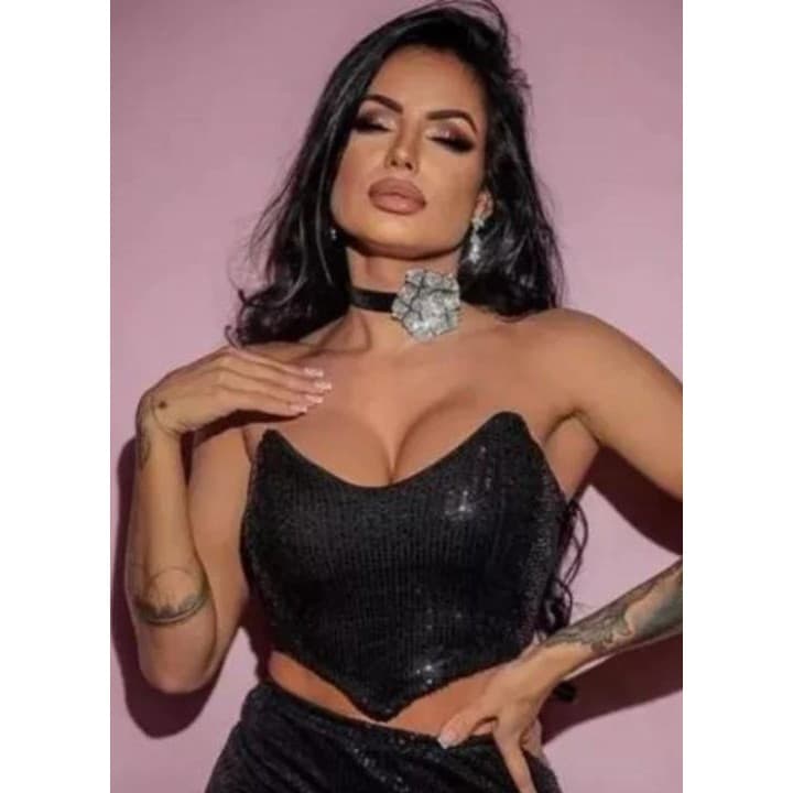Blusa Blusinha Linda Moda Feminina Cropped Tomara Que Caia Faixa Brilho Paetê Com Bojo Bloguerinha Gringa Festa 2024