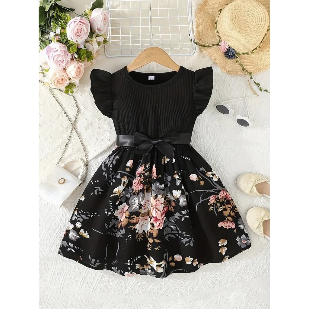 Vestido Infantil Meninas 2-7 Anos Manga Curta Floral Preto c Cinto Festa Junina Caipira Natal Presente