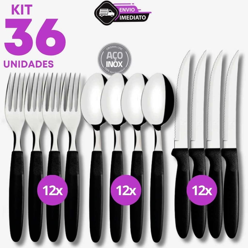 Kit 36 Talheres Inox Cabo Preto 12 Garfos 12 Colheres 12 Facas Jogo de Mesa Refeição Completo