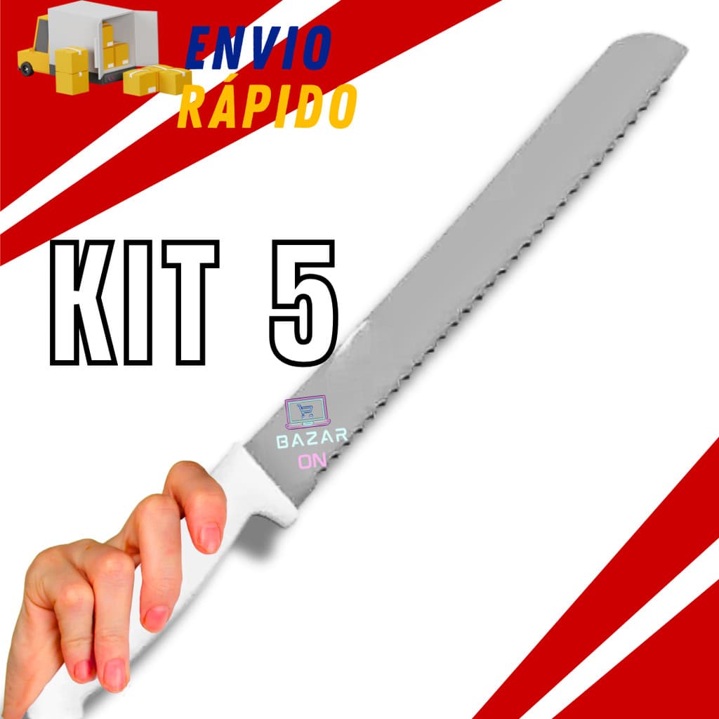 Kit 5 Faca Para Pão Bolo Forma Com Serra Aço Inox Cabo Branco Original Resistente