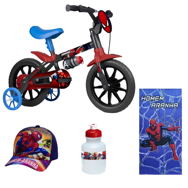 Bicicleta Homem Aranha Aro 12 Passeio - 4 Itens