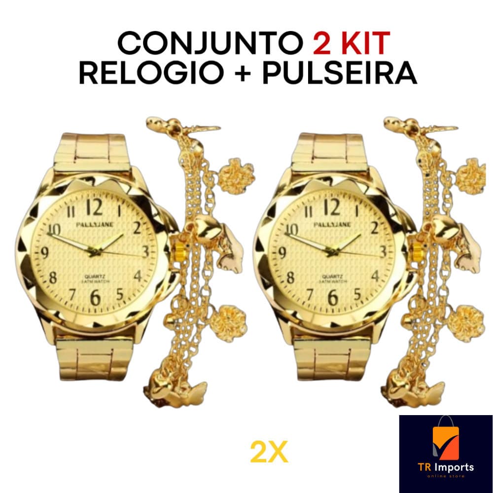 Conjunto Kit 2 Relógio Feminino Dourado Banhado a Ouro 18k Original Resistente a água + 2 Pulseira Dourada S-CXS