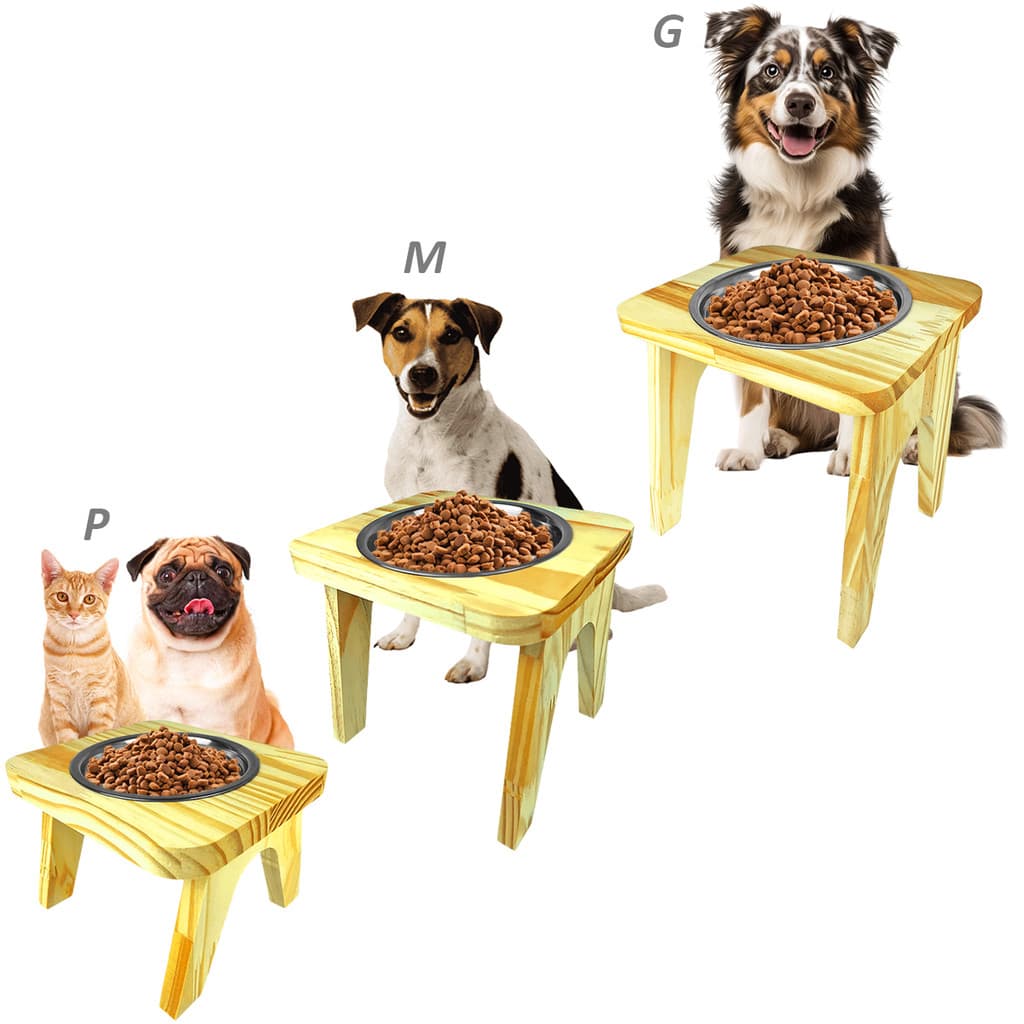 Bebedouro Comedouro Elevado Alto Cachorro Pequeno Medio Grande  P M G Tigela Inox Madeira Elegante Moderno