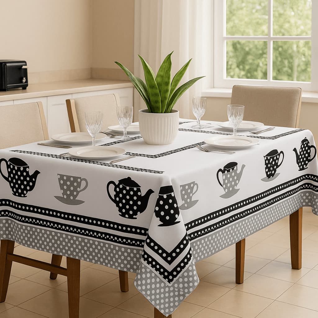 Toalha de Mesa Oxford 4 6 8 10 e 12 Lugares Estampada Bule Xícara Poá Preto Branco Cozinha Jantar Fácil Limpeza Moderna