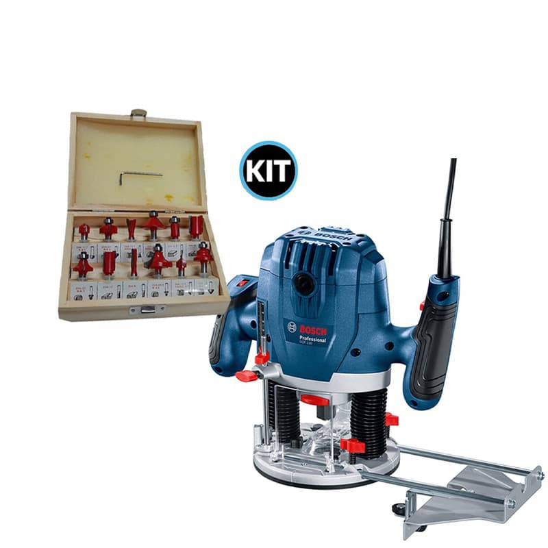 Tupia de Coluna 1300w Bosch GOF130  Jogo de Fresas para Madeira 6mm com 12 Pecas - 220v