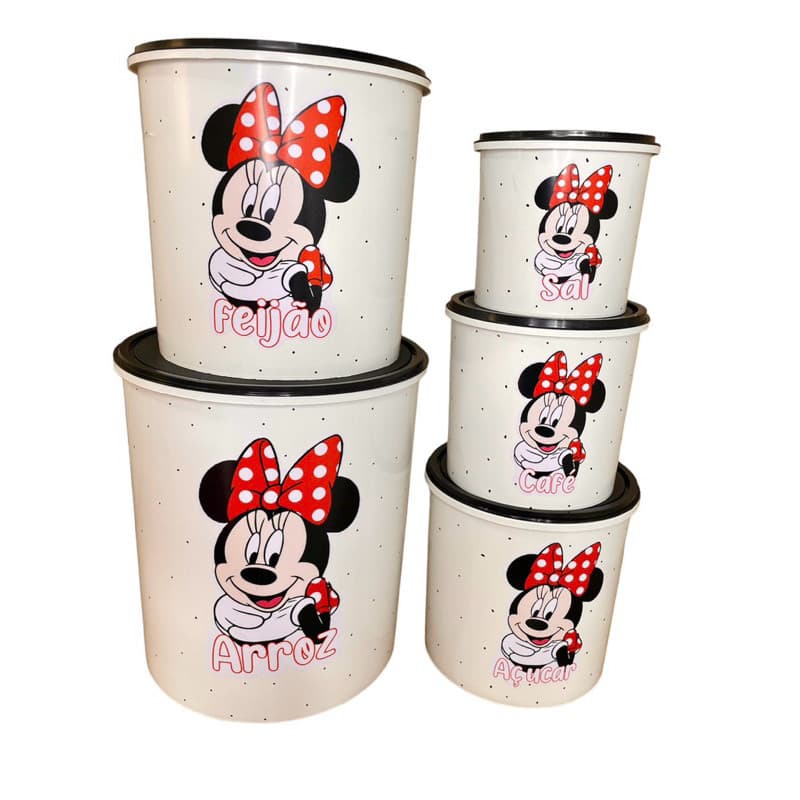 jogo mantimentos 5 potes plástico adesivado Minnie (Linha Branco)