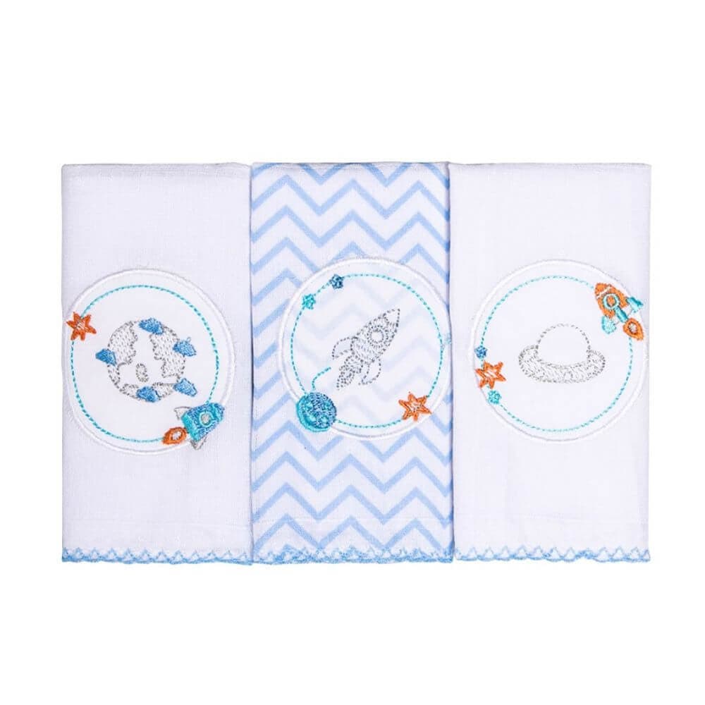 Kit Pano De Boca Papi Bordados Karinho Planetas - 03 Peças