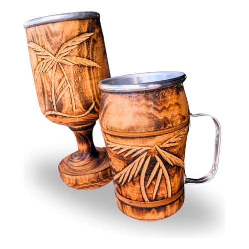 kit caneca e taça madeira alumínio térmico útil cerveja