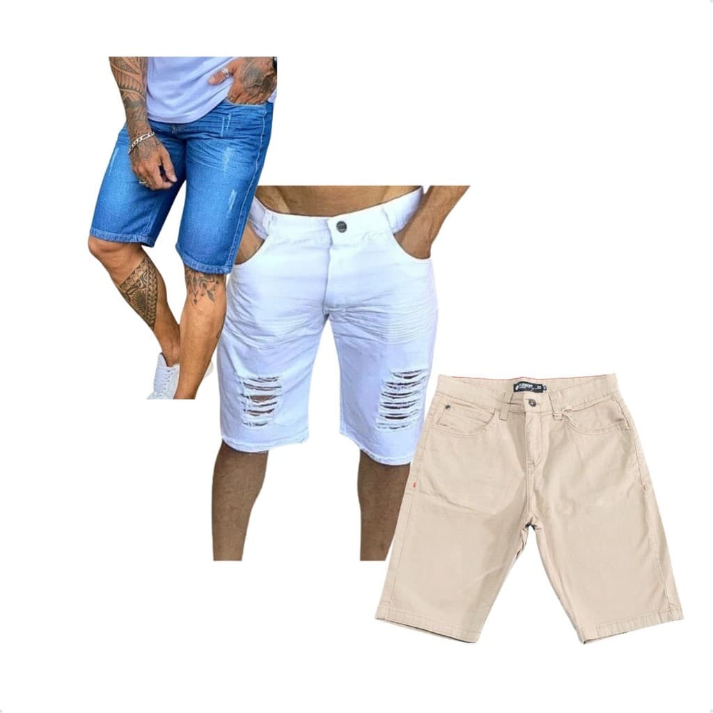 Kit 3 Bermudas Masculina Jeans Destroyed Alfaiataria Premium De Alta Qualidade Linha Premium