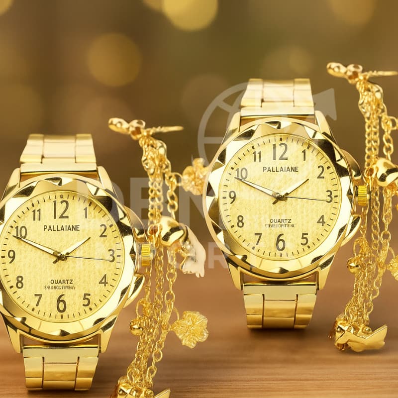 Kit com 1, 2 ou 3 Relógios Femininos Dourados + Pulseiras nas cores Ouro, Prata ou Rose envio imediato
