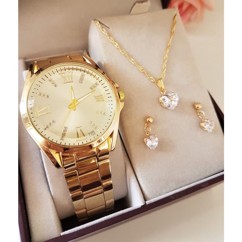 Kit Relógio Feminino Dourado Prata + Colar Brinco Folheado