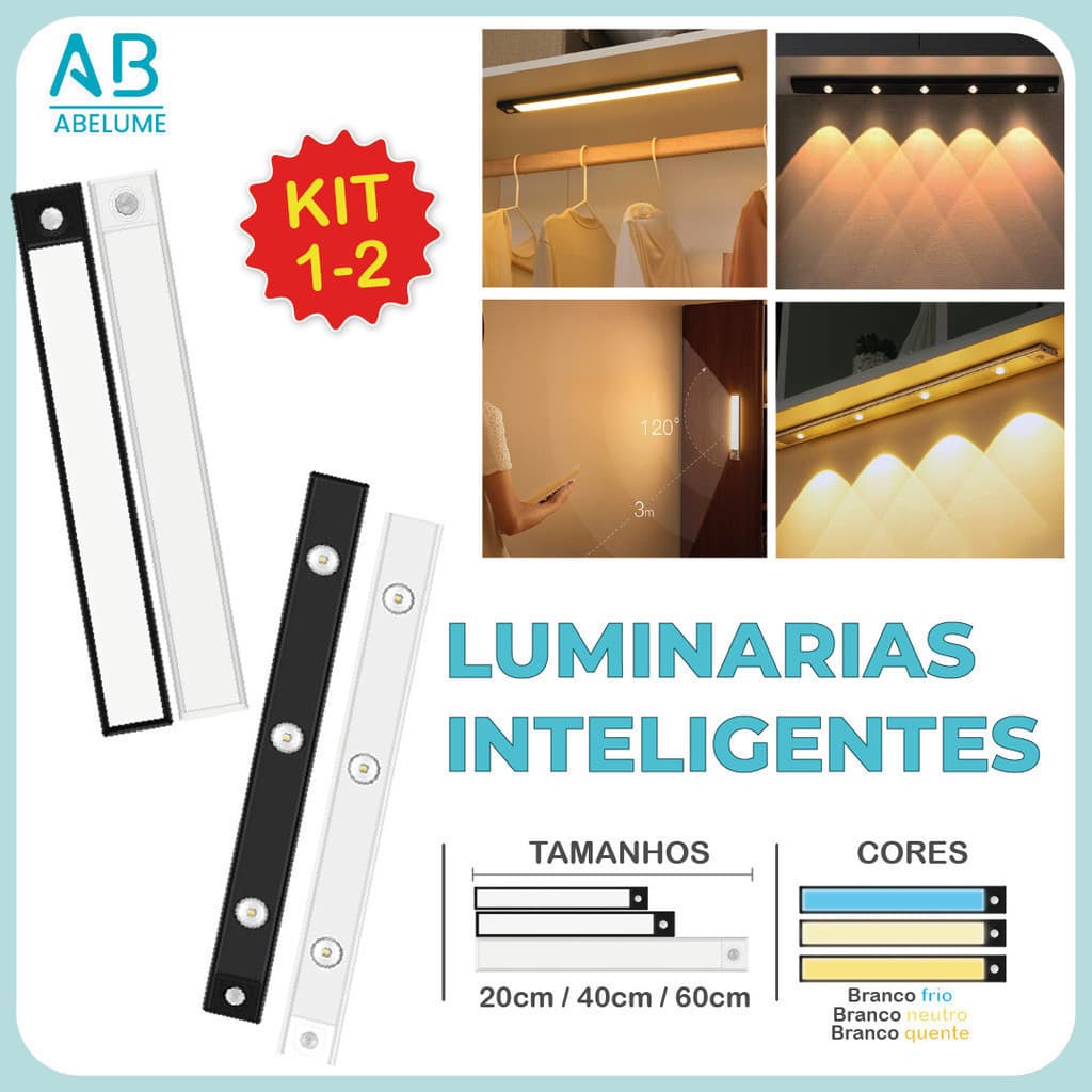 Kit 2 Smart Luminária Inteligente Ultra LED com sensor de movimento sem fio e Recarregável USB