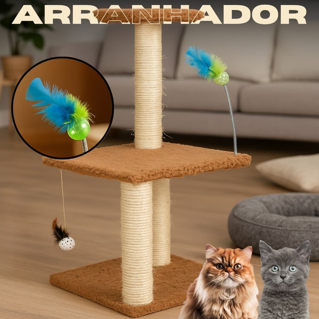 Arranhador Pet com Brinquedo Suspenso e 3 Bases para Gatos Ativos