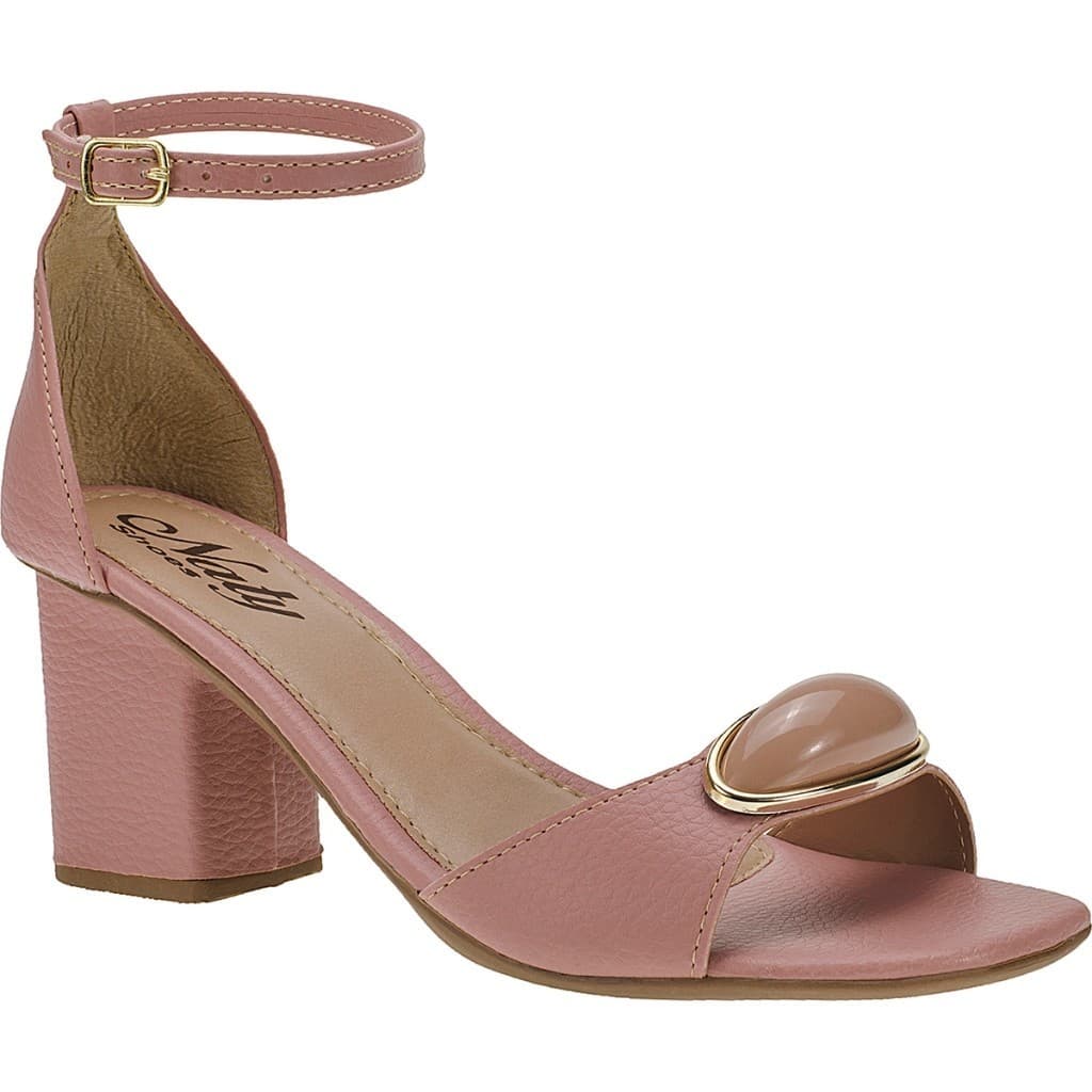 Sandália Feminina Nude Salto Alto Grosso com Enfeite ABS Gota Traseiro Fechado com Fivela Naty Shoes