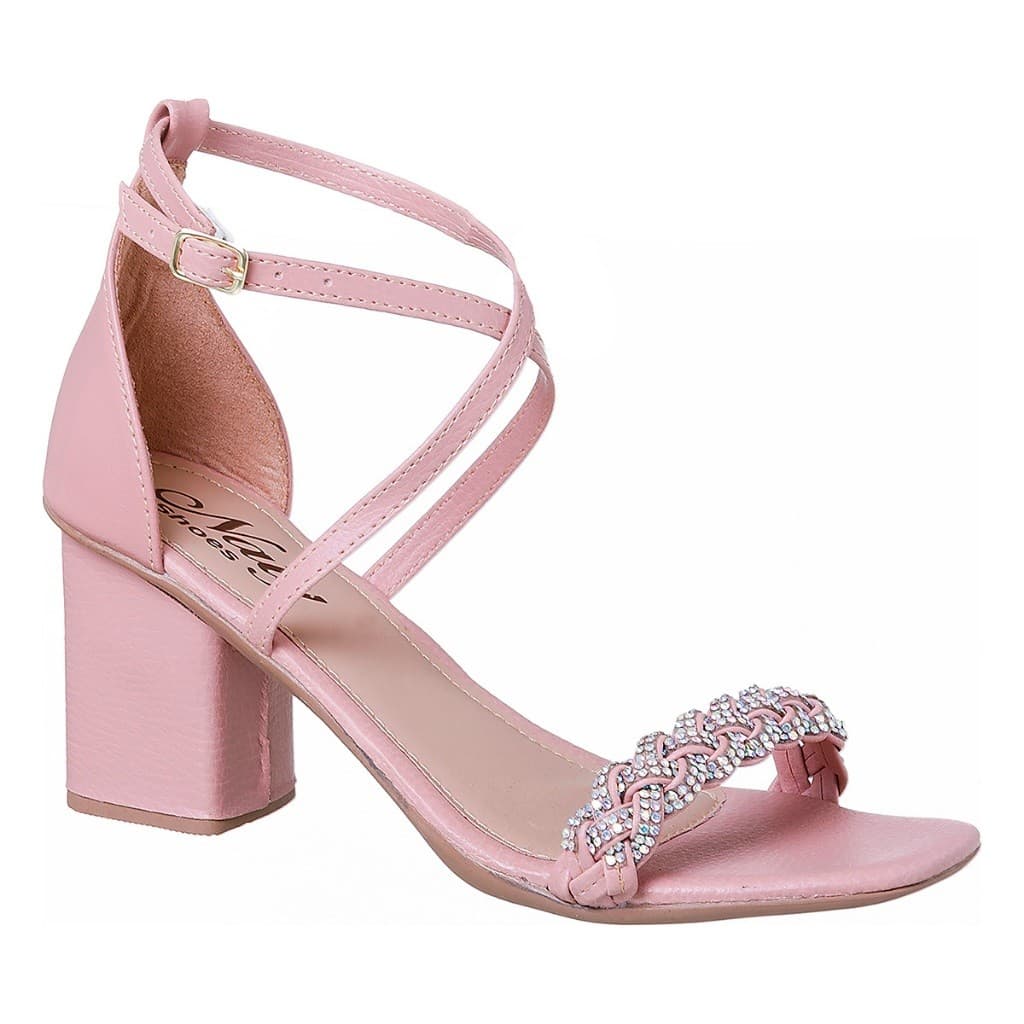 Sandália Naty Shoes Feminina Nude Salto Alto Bloco Grosso Strass Trazeiro Fechado Trançada Pedraria