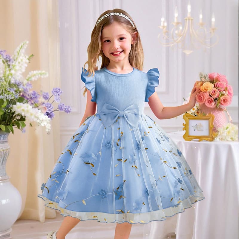 Crianças Vestidos De Princesa Para Meninas Arco Orelha Fungo Borda Manga 3-8 Anos Vestido De Aniversário Flores Bordado