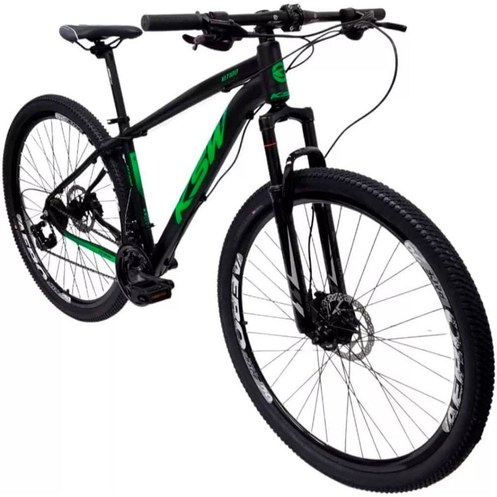 BICICLETA ALUMÍNIO ARO 29 KSW 24V COM SUSPENSAO E FREIO A DISCO TAMANHO 17 PRETO VERDE