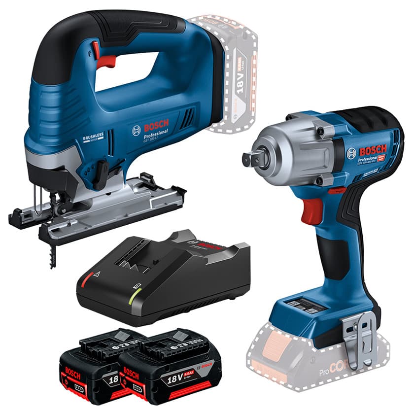 Kit Chave de Impacto 1/2" GDS 18V-450 PC + Serra Tico-Tico GST 185-LI + 2 Bateria 4Ah + Carregador Rápido Bosch