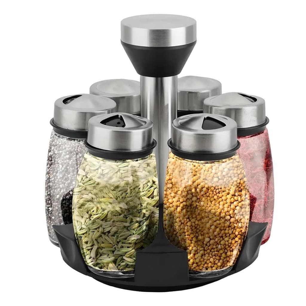 Porta Tempero Condimentos Giratório Inox Com 6 Peças Para Cozinha Pote de Vidro Para Temperos