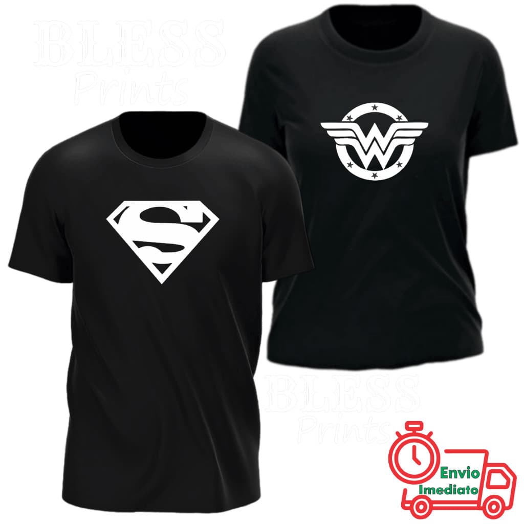 KIT Casal 2 Camisetas Superman Mulher Maravilha 100% Algodão Camisa Blusa