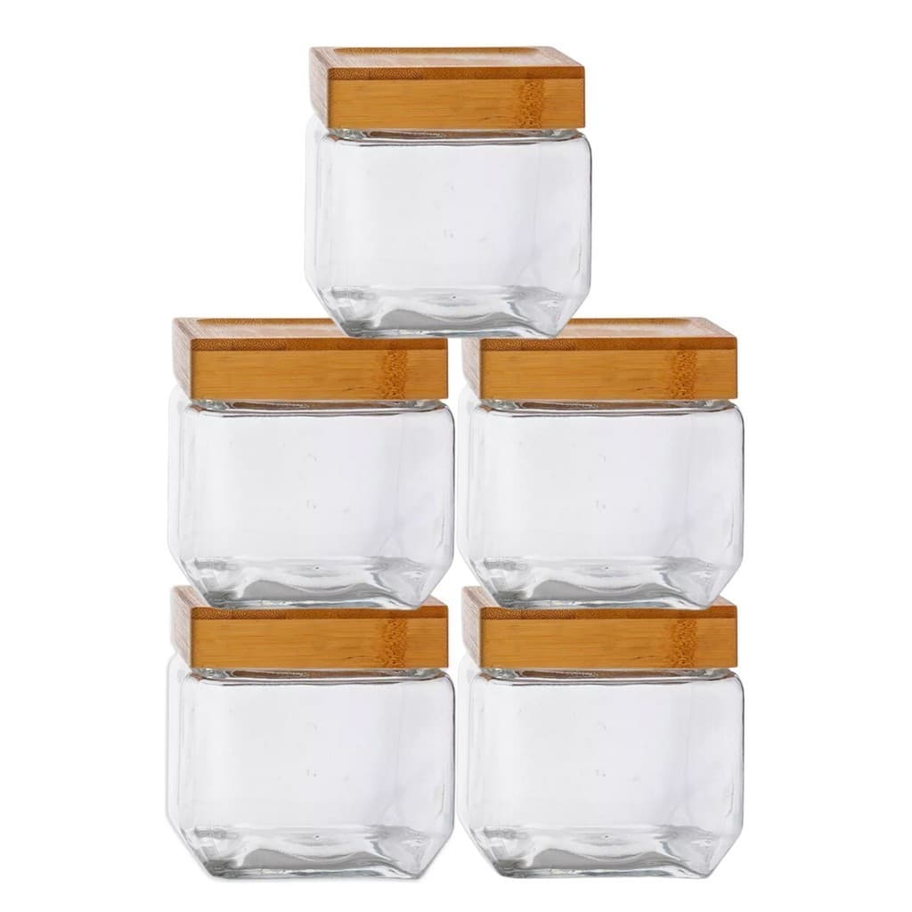 Kit 5 Pote Hermético Quadrado Tampa Bambu Design Sofisticado Mantimentos Multiuso 880ml