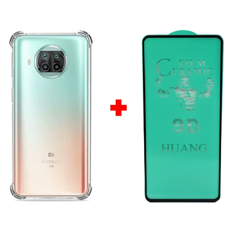 Kit Capa Capinha Case Anti Impacto Shock Para Xiaomi 10T Lite Air Bag Proteção Total Anti Queda Silicone Transparente Clear Bordas Grossa + Pelicula de Ceramica