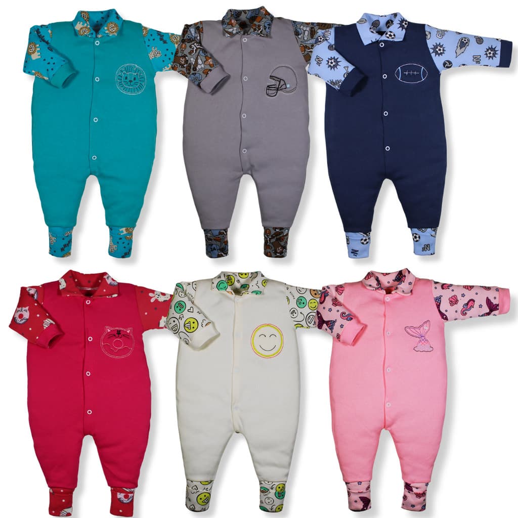 Kit 3 Pçs Macacão Bebe Bordado Bicho Algodão Vira Pé Menino Menina