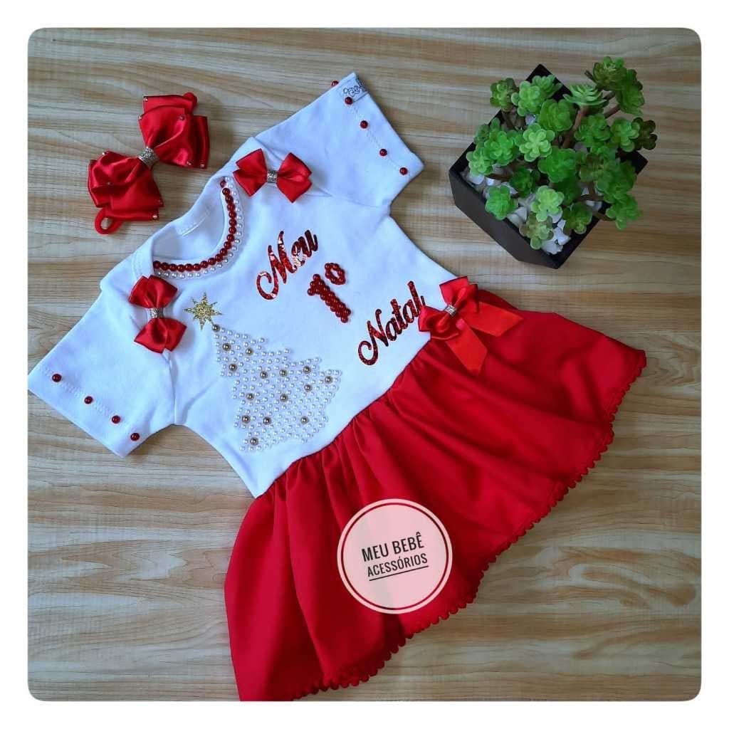 Vestido Meu 1º Natal Bordado • Luxo Bebê Menina • Pérolas + Laços • Ano Novo • Réveillon