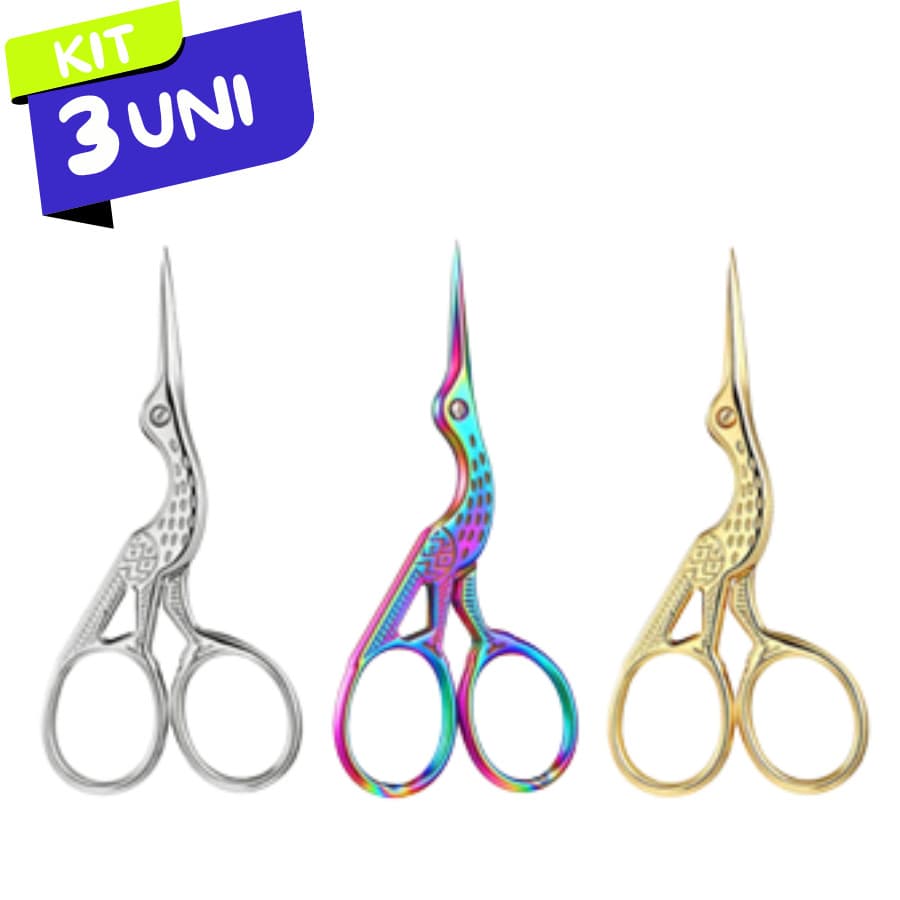 3 Tesoura Tesourinha Garça Cortar Unha Sobrancelha Cilios (Prata - Color - Dourada)
