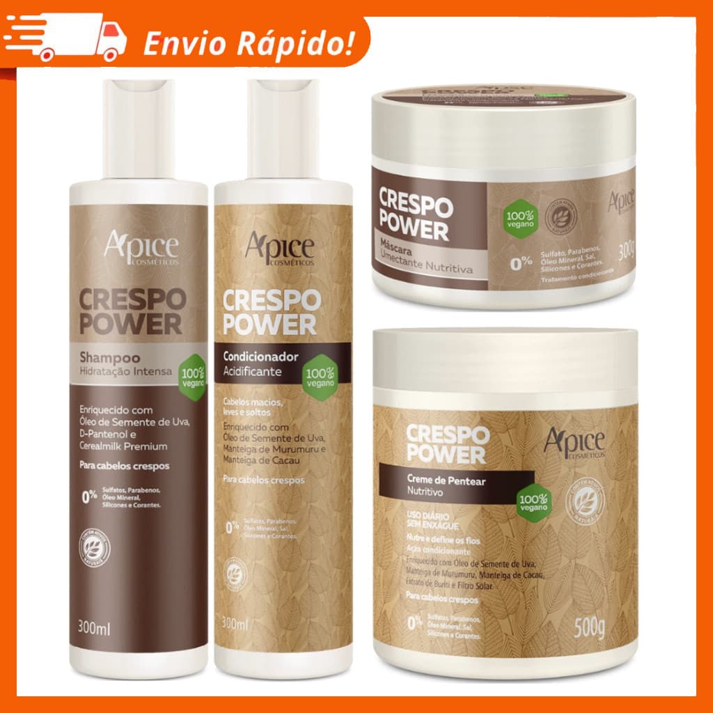 Kit Apse Crespo Power Shampoo, Condicionador, Mascara e Creme De Pentear Profissional Completo Apice