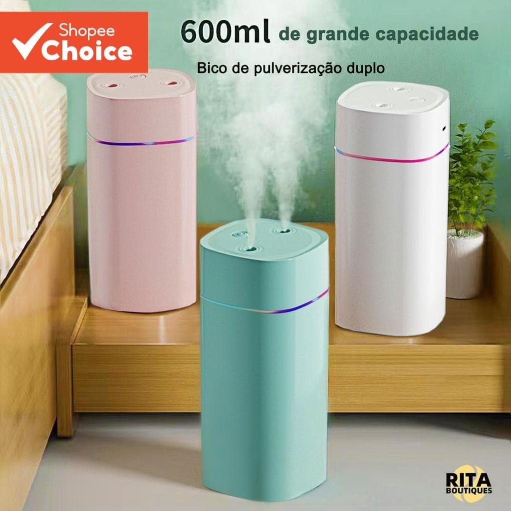 Umidificador De Ar Ultra-Sônico USB Grande Com LED Ambiente Portátil De Bocal Duplo