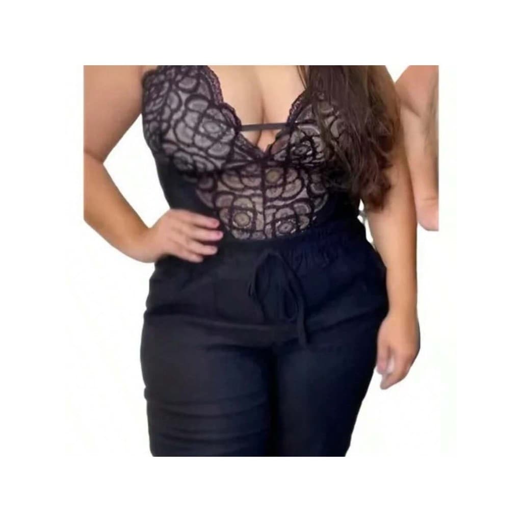Conjunto Calça Jogger Cordão + Body Renda Com Bojo Plus Size