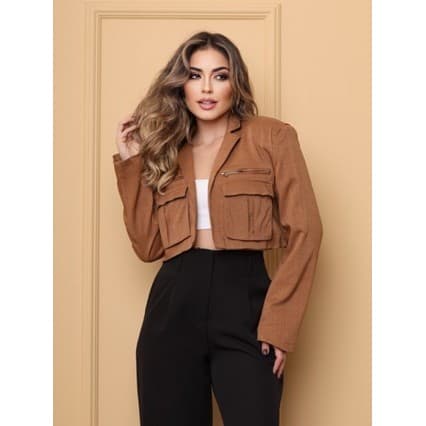 Estrela Fashion Blazer Curto Manga Longa Com Bolsos e Ziper Frontal 12-6
