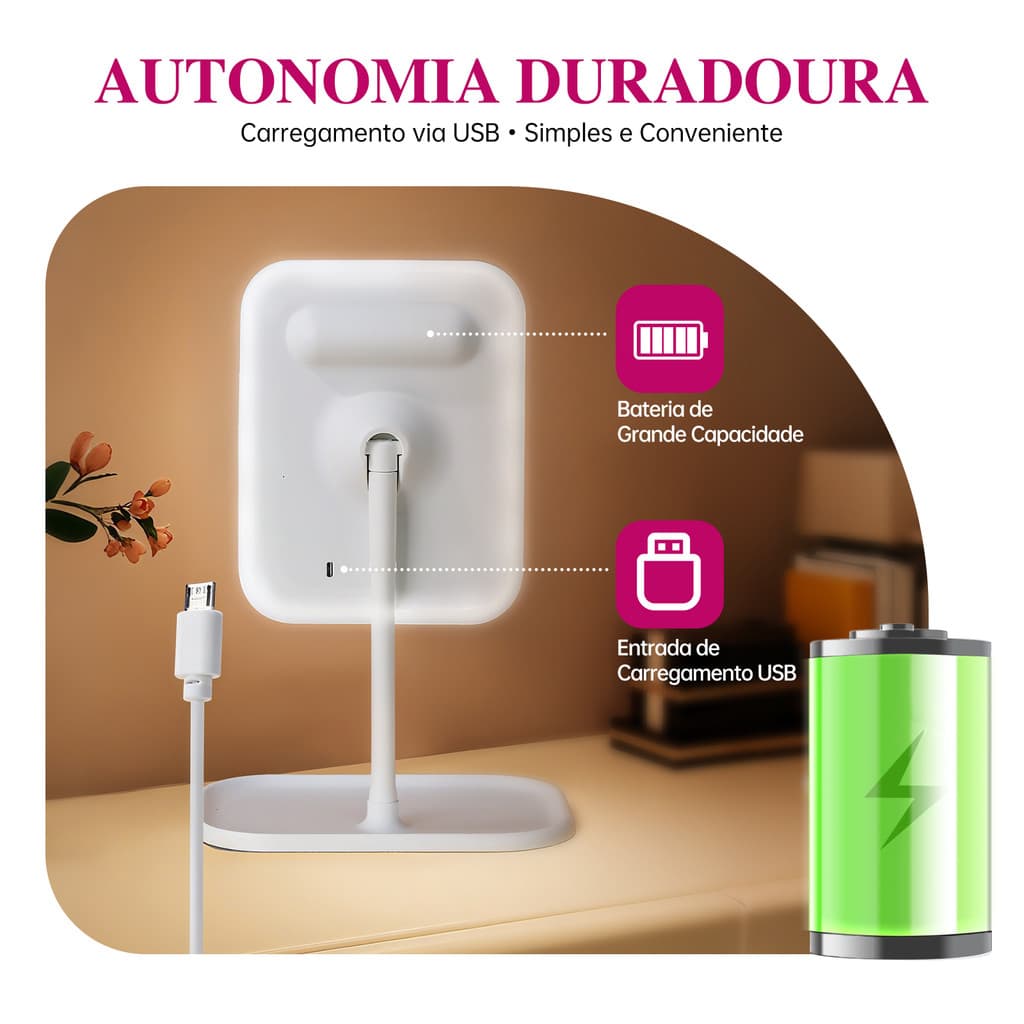 Espelho de Mesa com LED Maquiagem Recarregavel 3 Cores de Luz Touch Ajustavel Portatil USB Envio Imediato
