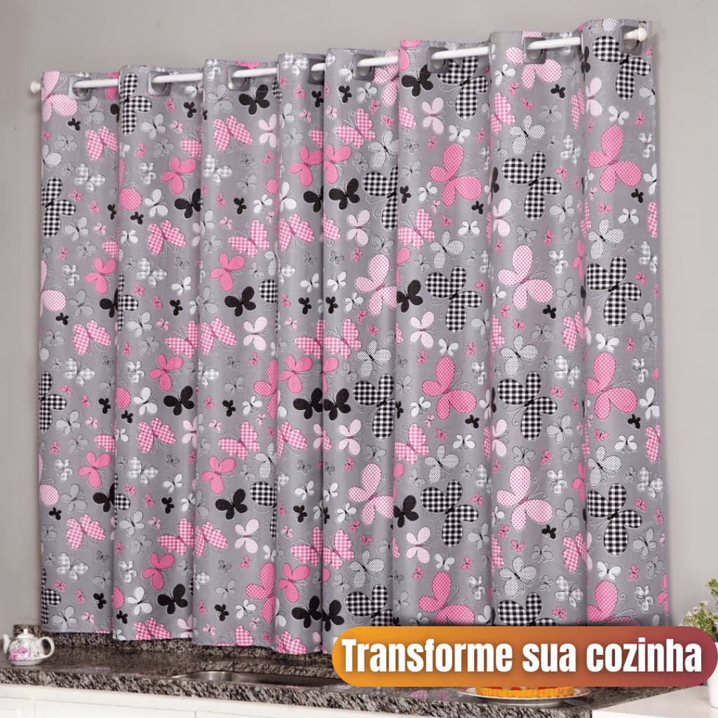 Cortina Blackout Oxford Estampada Cozinha 2m Altura Ilhós Poliéster Janela Vitrô Decorativa Blecaute Sem Varão