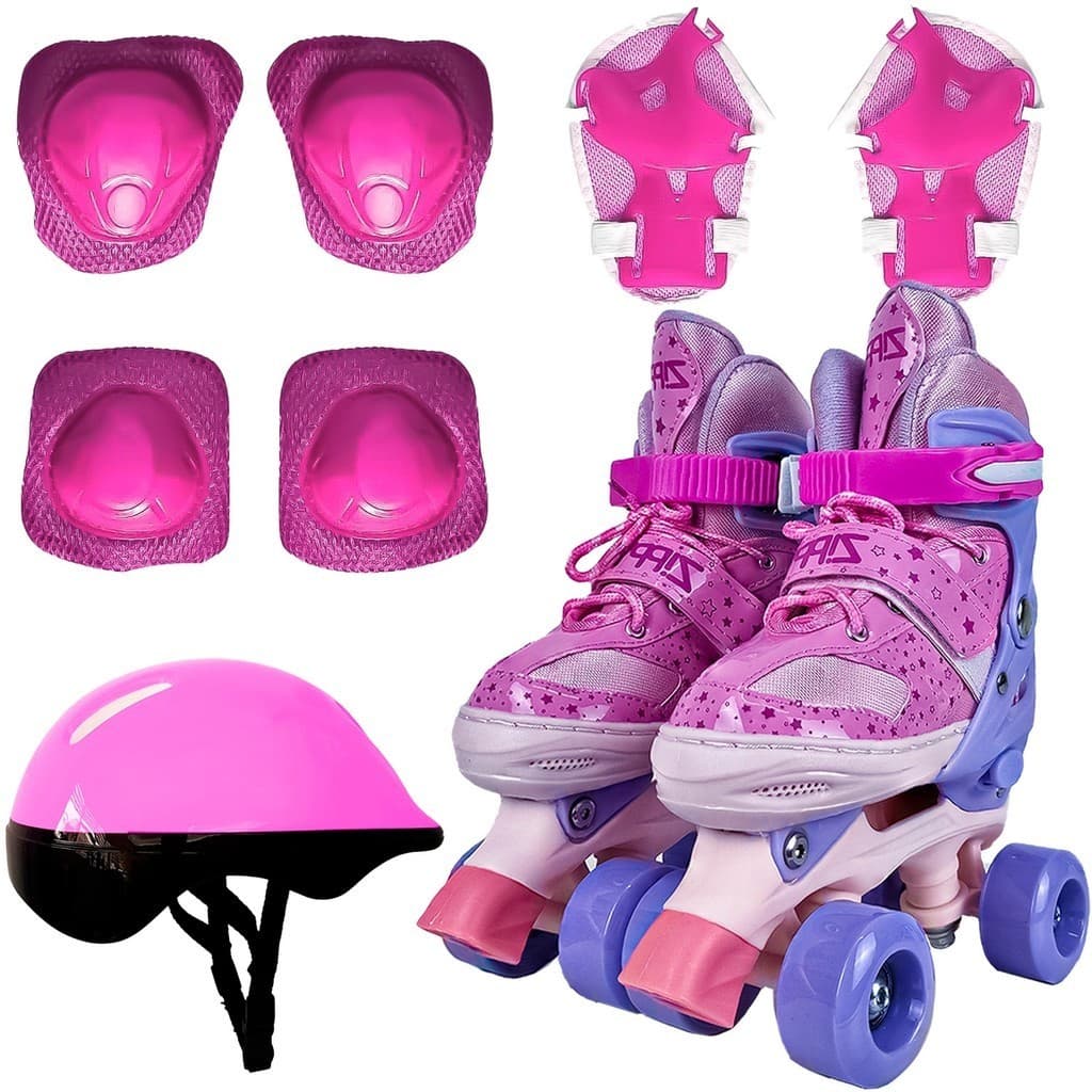 Patins Quad Roller Infantil 4 Rodas Com Ajuste De Tamanho 30-37 Rosa + Acessórios De Proteção - Zippy Toys