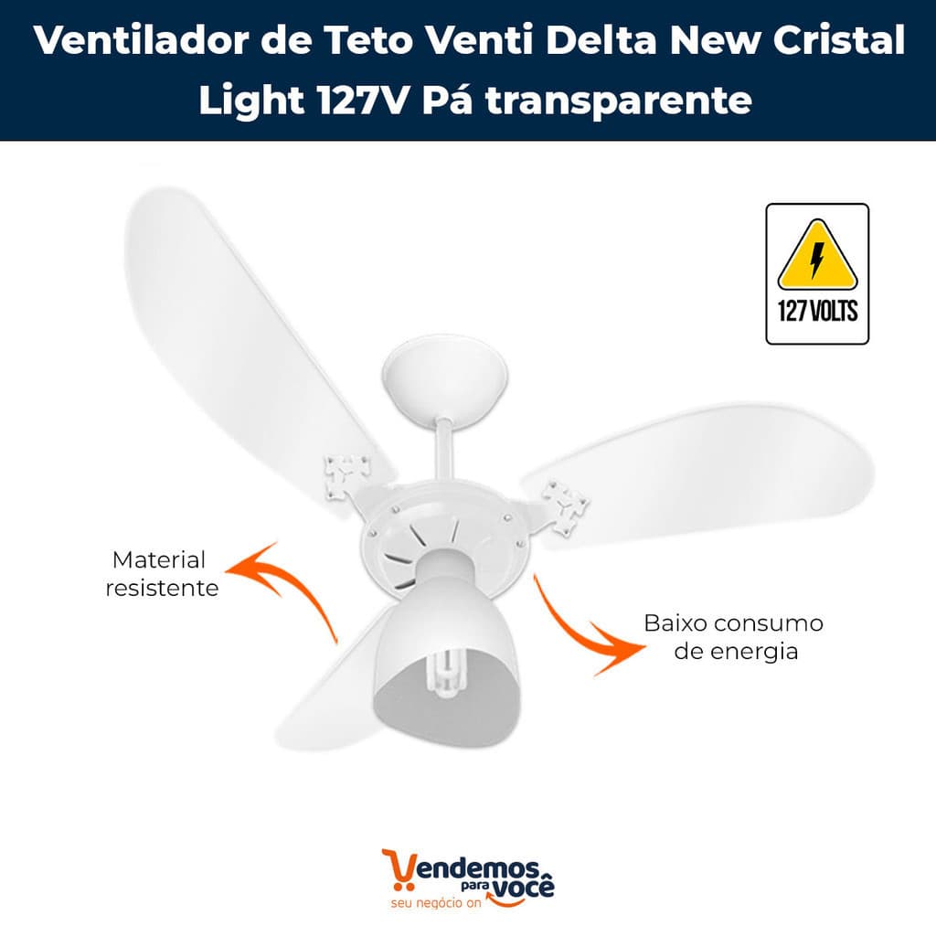 Ventilador de Teto Venti Delta New Cristal Light 127V Pá transparente