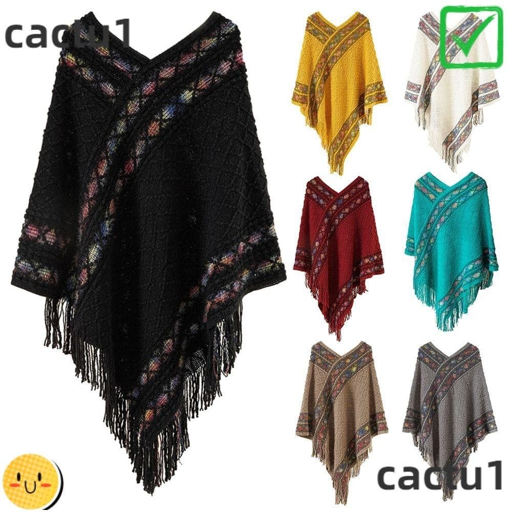 Xale De Borla Com Listra Rômbica CACTU , Poncho Mongol Estilo Étnico Quente De Inverno , Capa De Malha De Imitação De Ca
