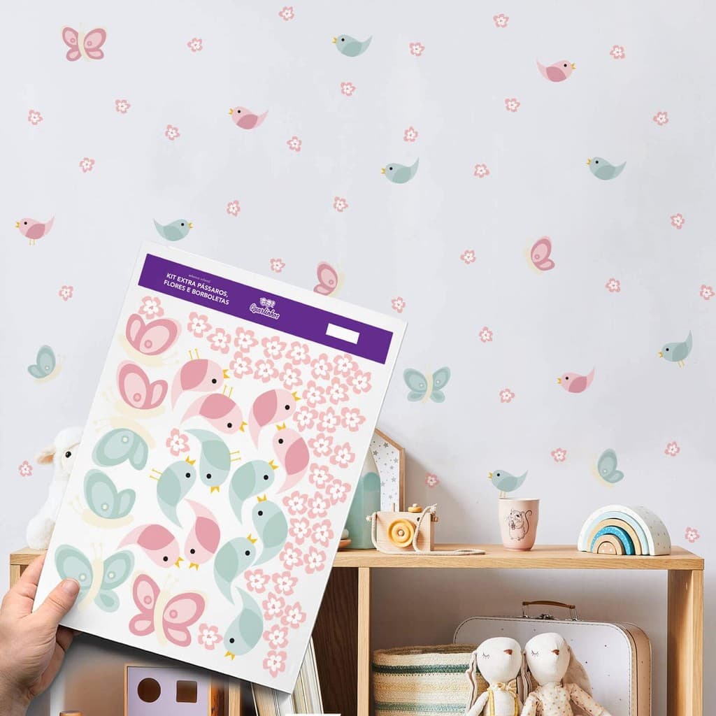 Adesivo Infantil Floral com Pássaros e Borboletas – Flores para Quarto de Menina