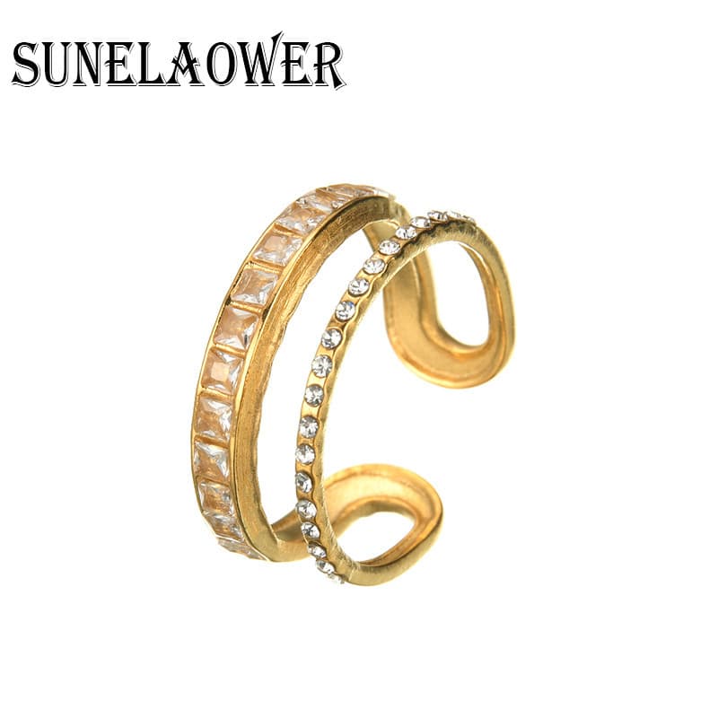 Anel De Aço Inoxidável De Duas Camadas Cravejado De Diamante Elegante Ajustável De Abertura Moderna