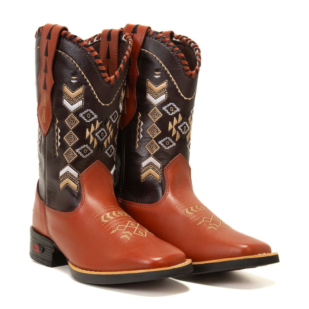 Bota Texana Feminina Whisky Confortável de Couro Legítimo Mustang Cano Médio Estilo Country Original