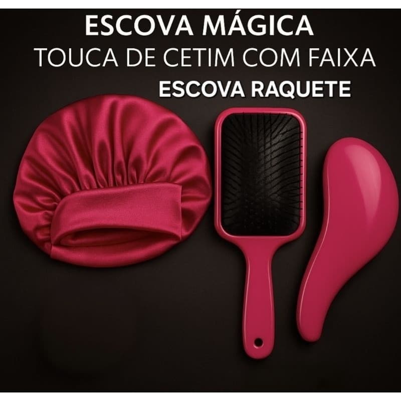 Kit Capilar, Escova Raquete, Escova Magica Touca de Cetim com Faixa, Cores Sortidas