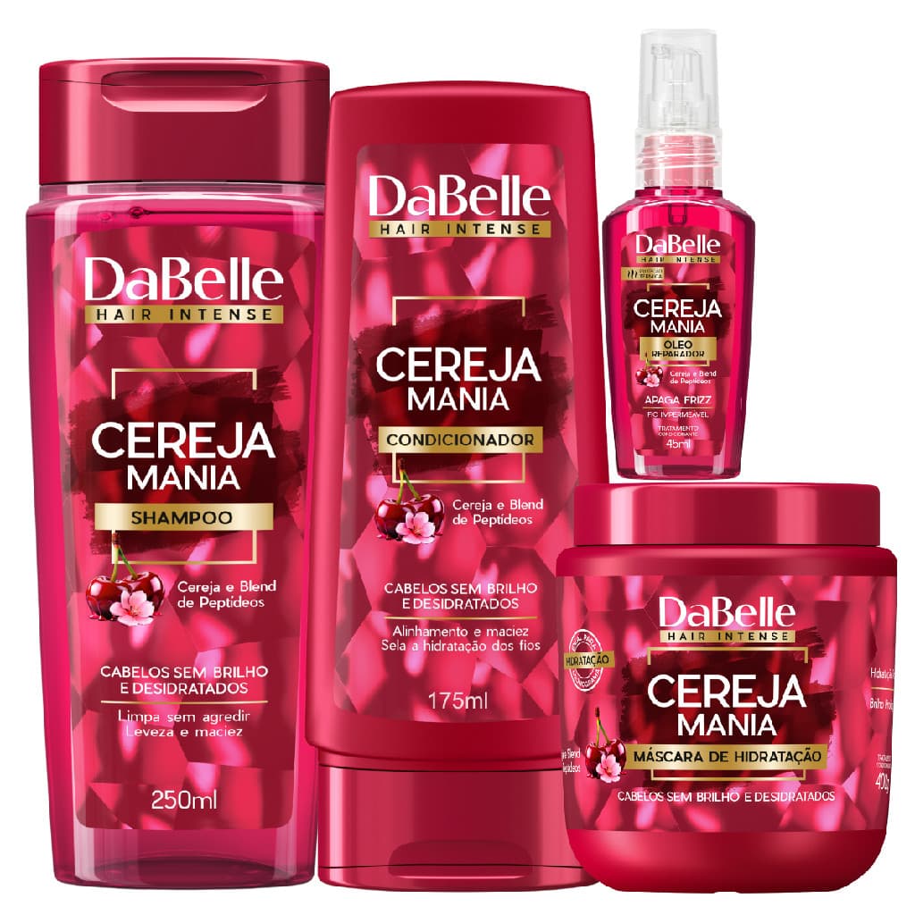 Kit Dabelle Cereja Mania Shampoo 250ml Condicionador 175ml Máscara 400g Óleo Sérum 45ml