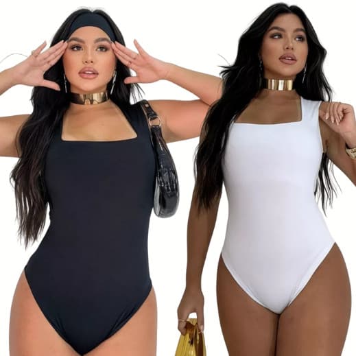 Kit 2 Body Feminino Decote Quadrado Alças Grossas Casual Elegante