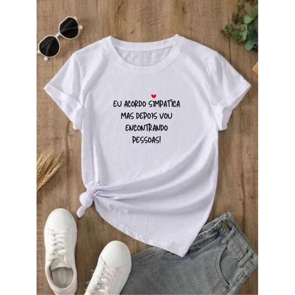 Camiseta Camisa Feminina Casual Moda Frases Engraçadas EU ACORDO SIMPATICA Camisa algodão