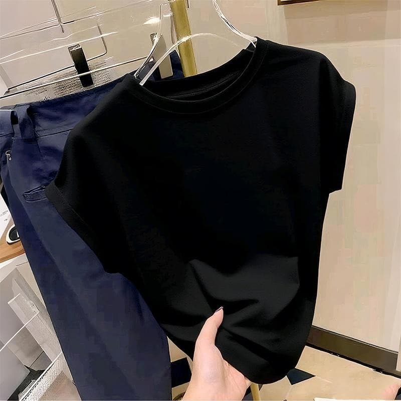 Camiseta Feminina Com Gola Redonda , Tecido De Seda Gelada , Simples E Versátil , Pequenas Mangas Voadoras , top Preto c
