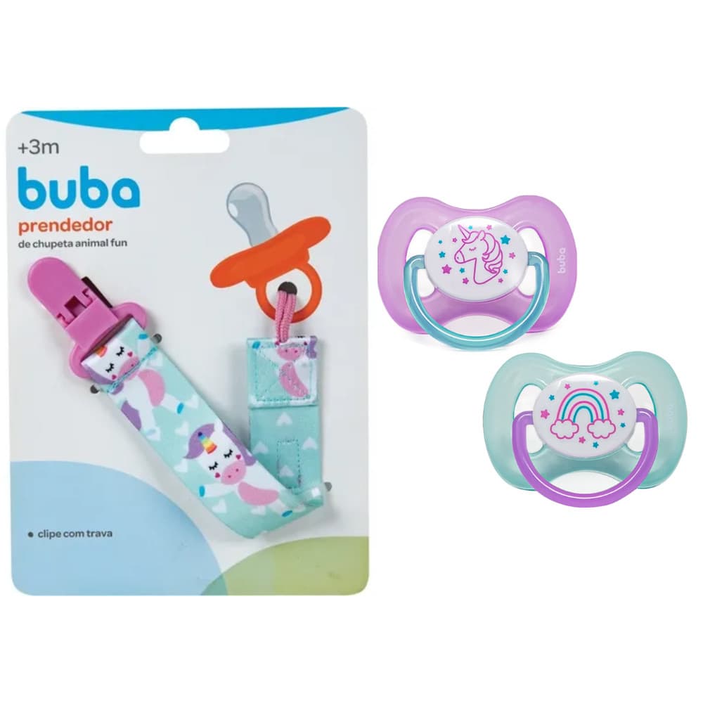 Kit C/ 2 Chupetas Tam 2 + Prendedor de Chupeta Unicórnio Brilha no Escuro - BUBA